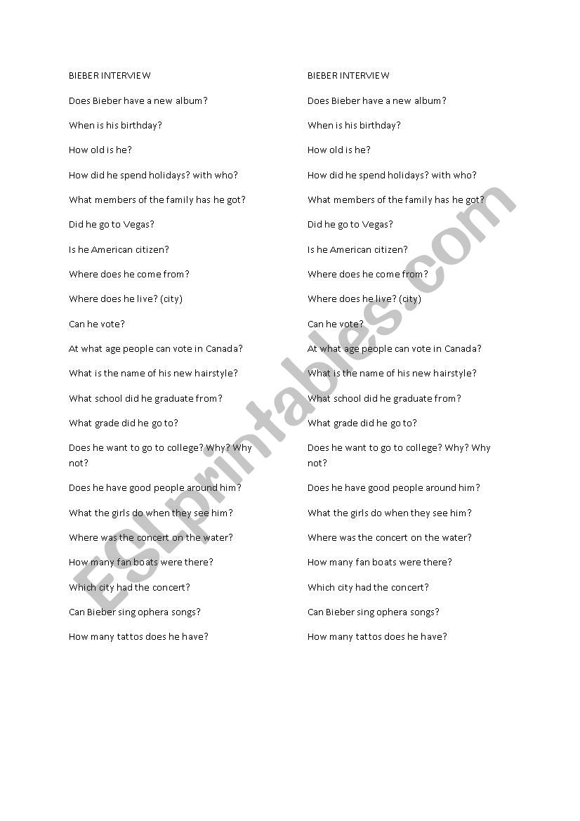 bieber interview worksheet