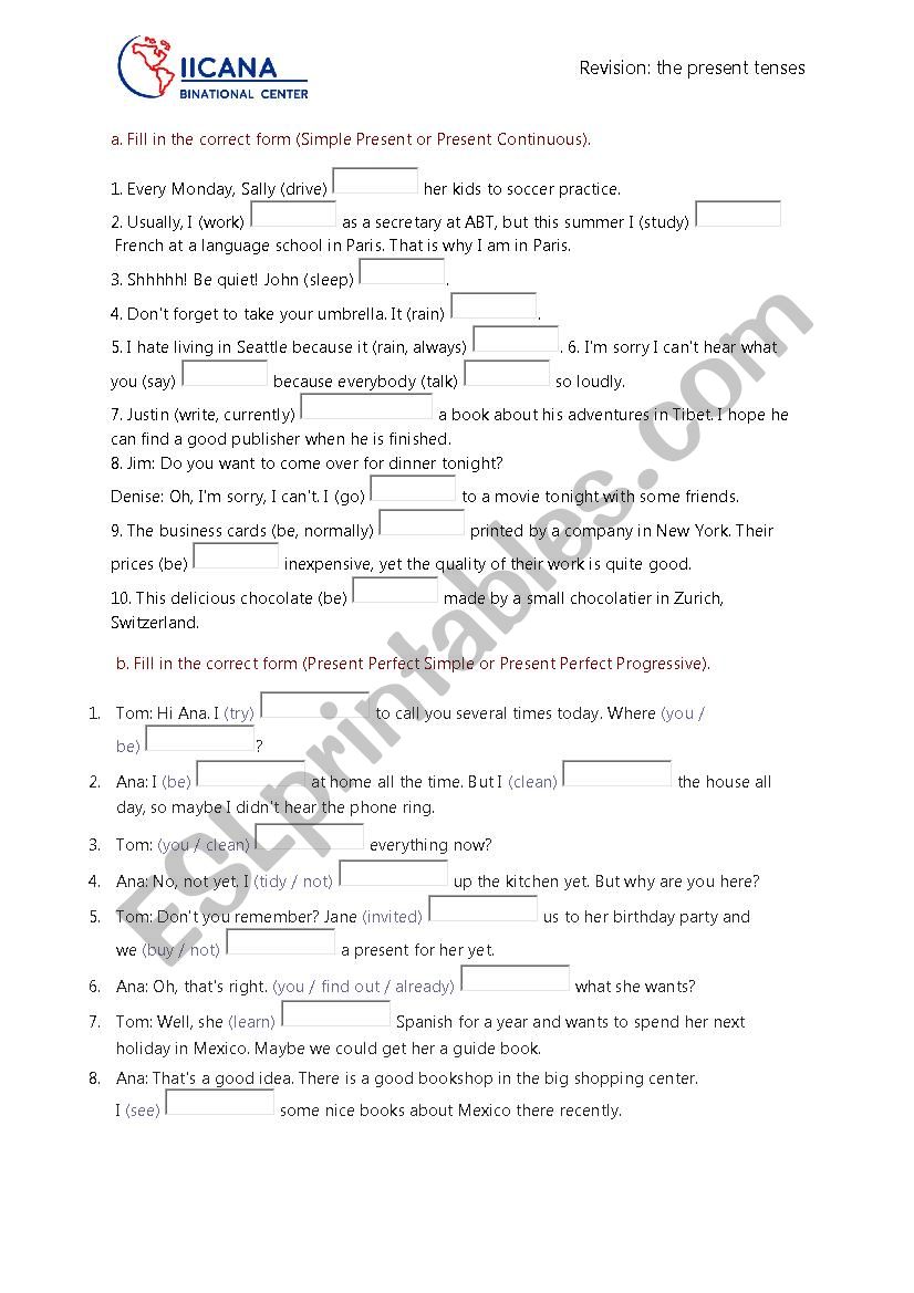 Present Tenses Revision worksheet