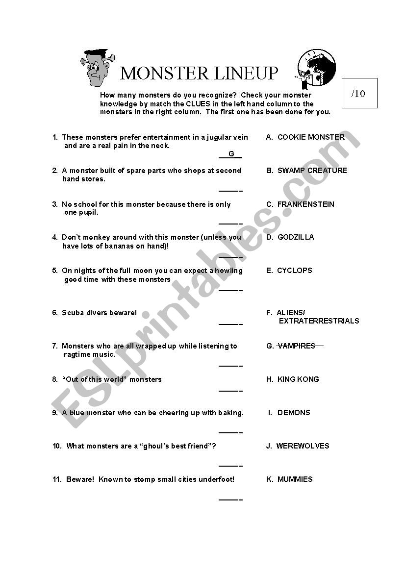 Monster Lineup worksheet