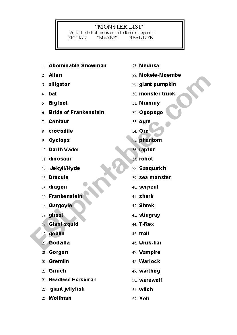 Monster Sort worksheet
