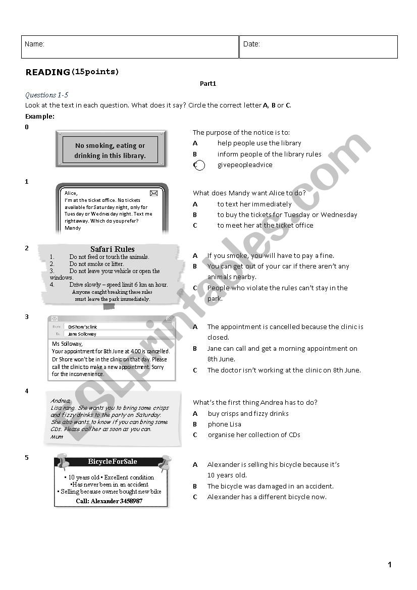 Reading B1 Part 1 & Part 3 worksheet