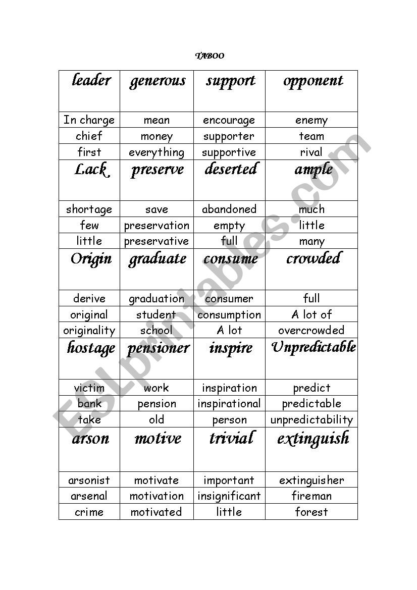 Taboo worksheet