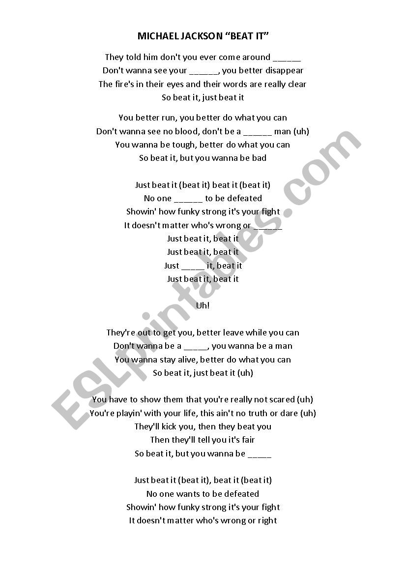 BEAT IT (MICHAEL JACKSON) worksheet
