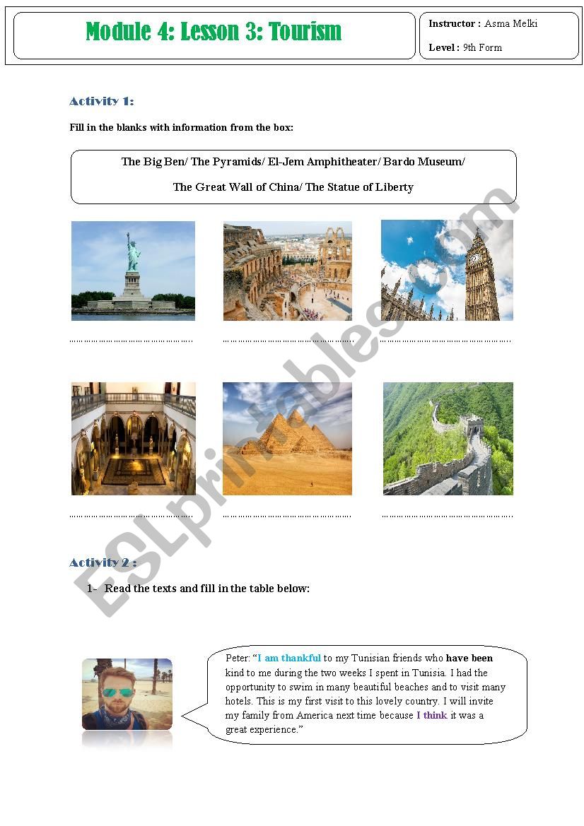 tourism 9th form Tunisia worksheet