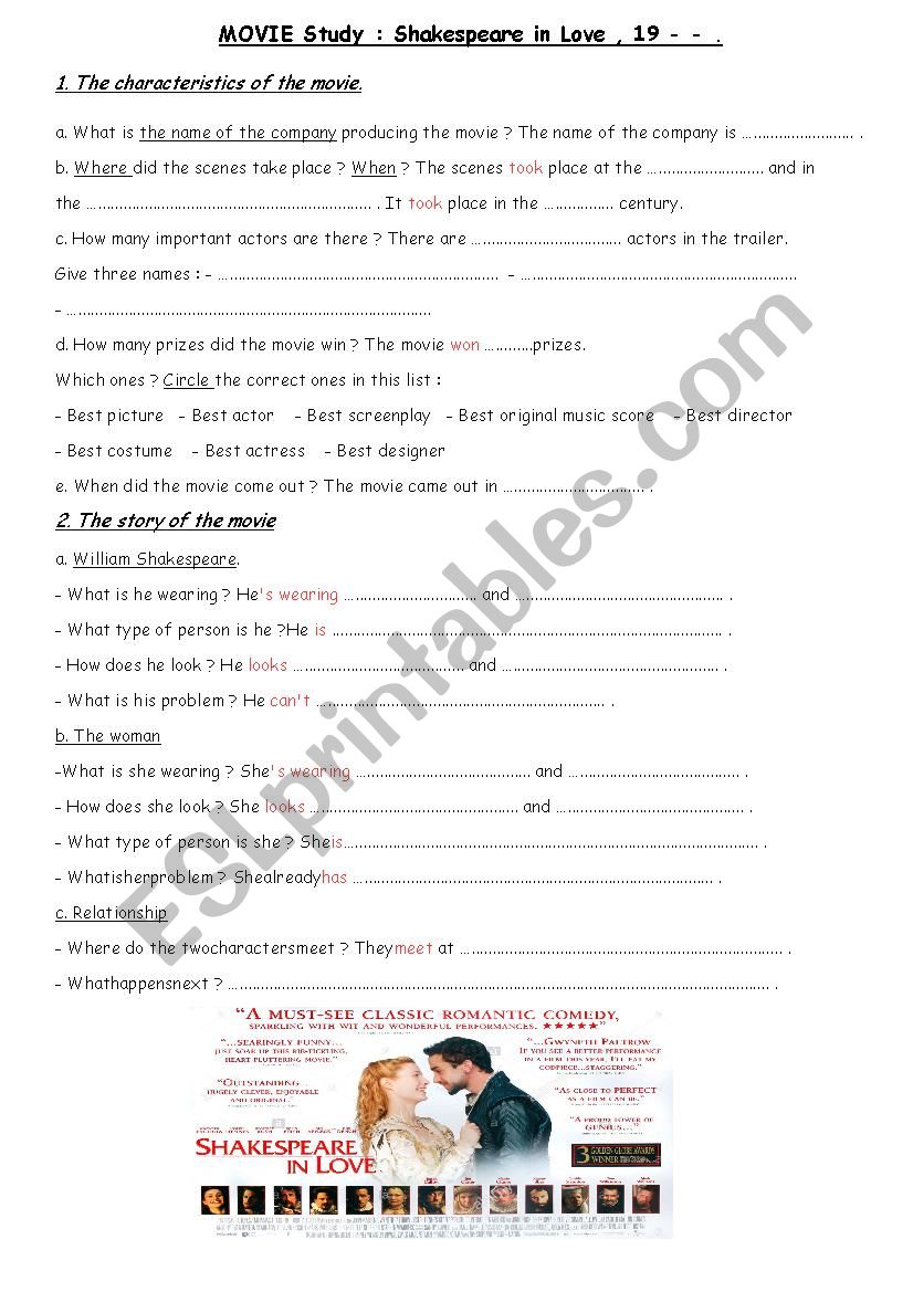 Shakespeare in Love worksheet