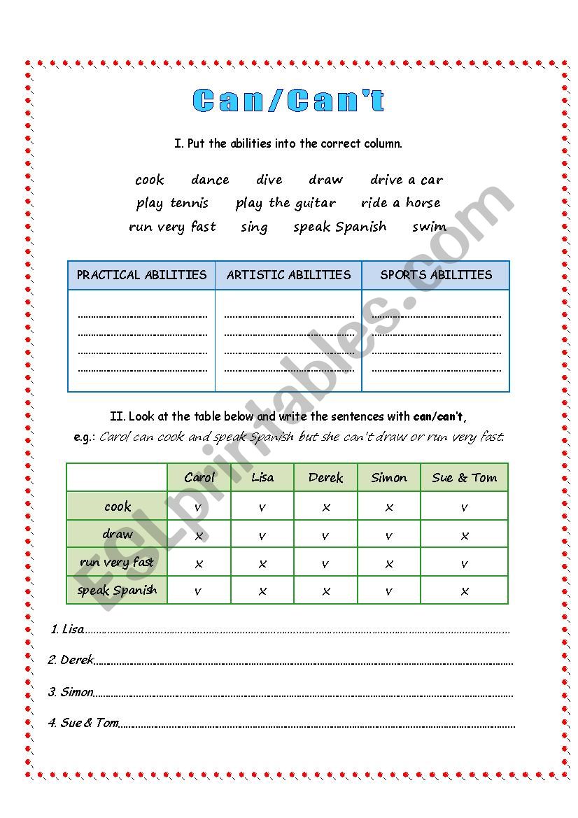 Can / Cant  worksheet