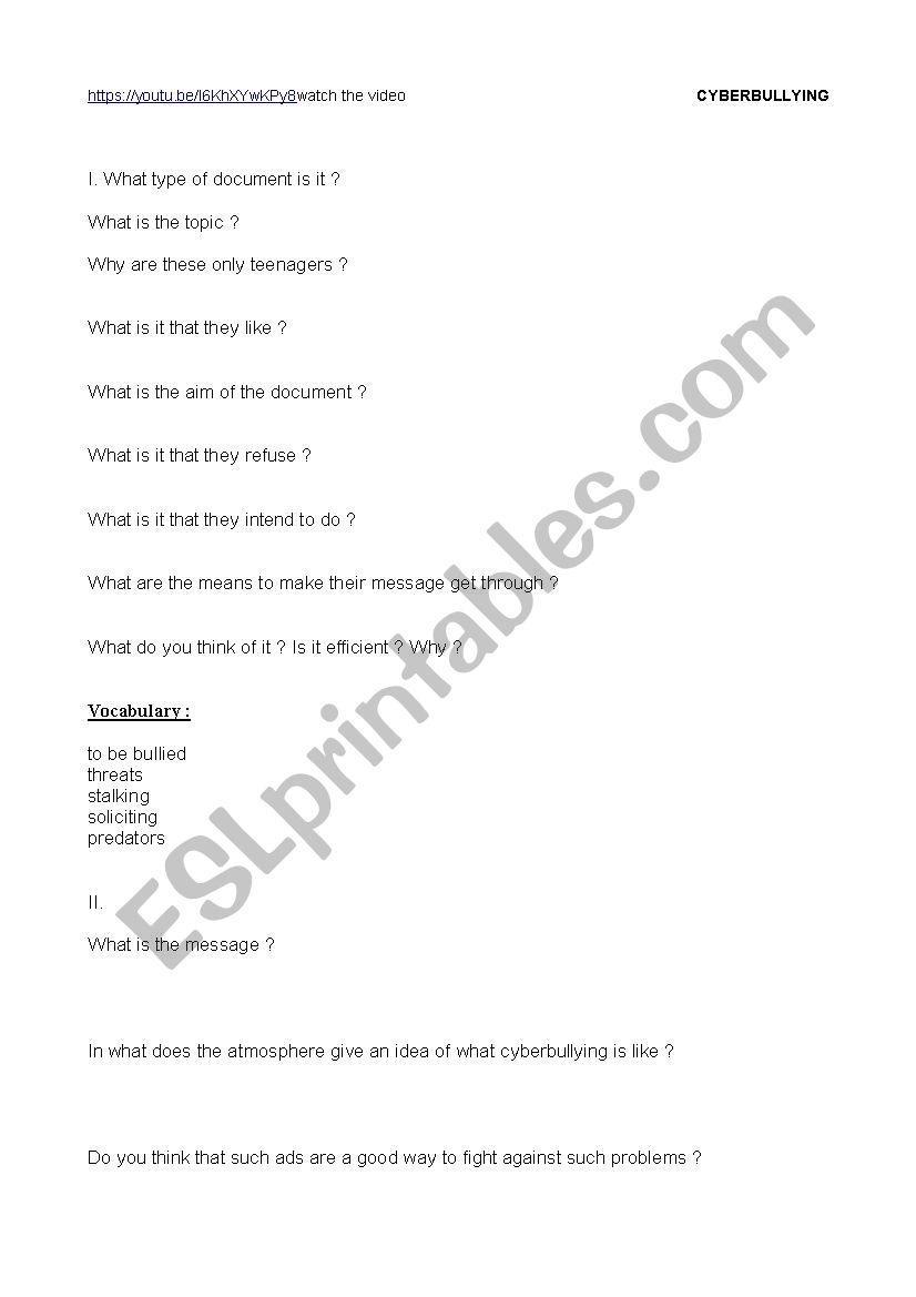 Cyberbullying worksheet