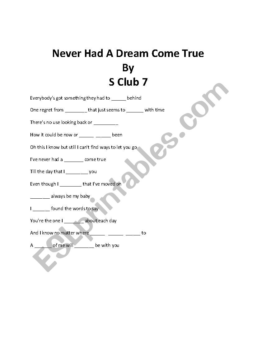 Never Had a Dream Come True Lyric Worksheet