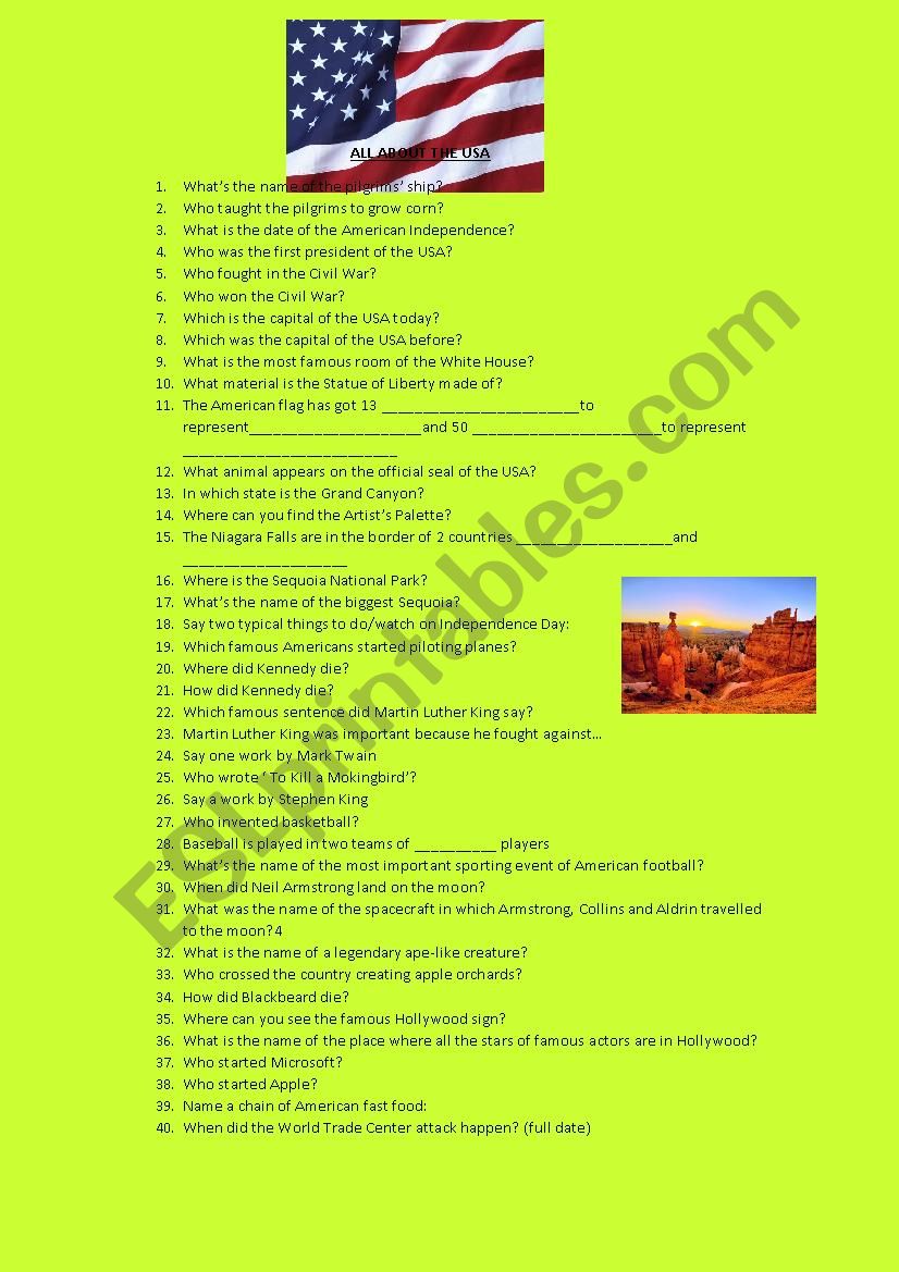 ALL ABOUT THE U SA worksheet