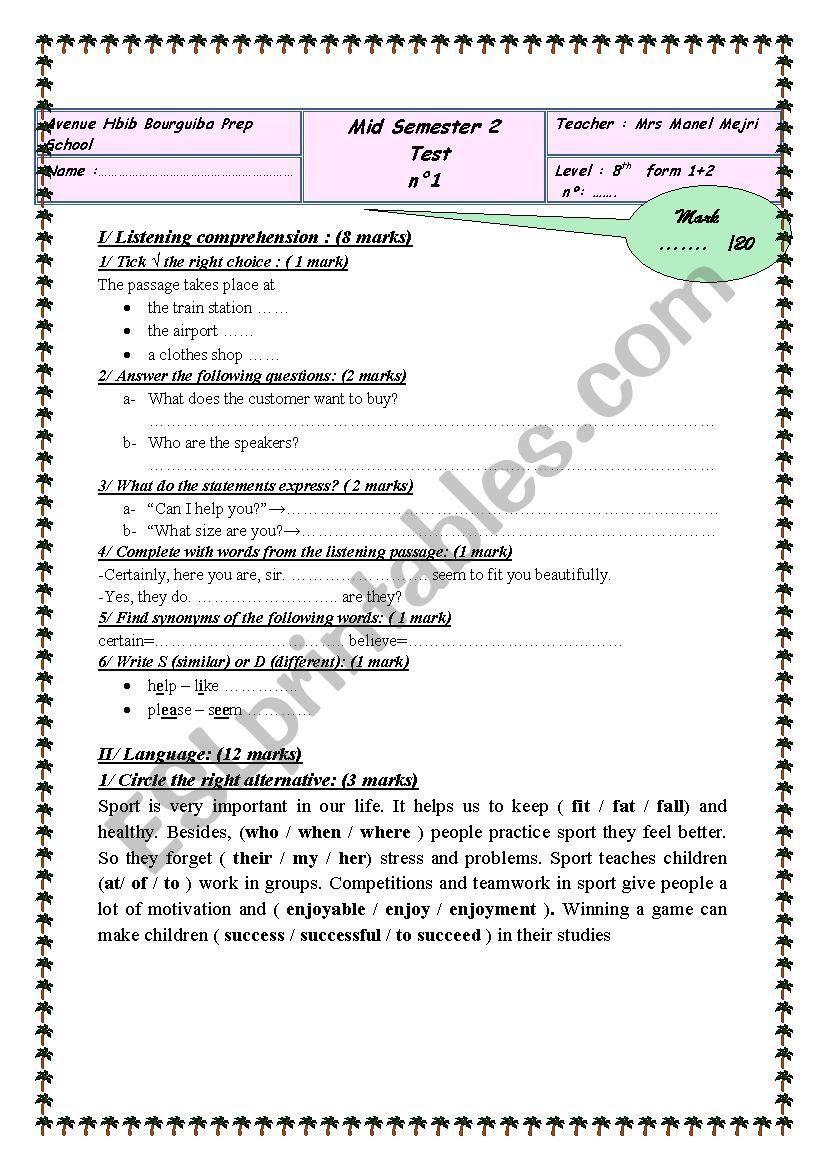 8th form semester 2 mid test 1