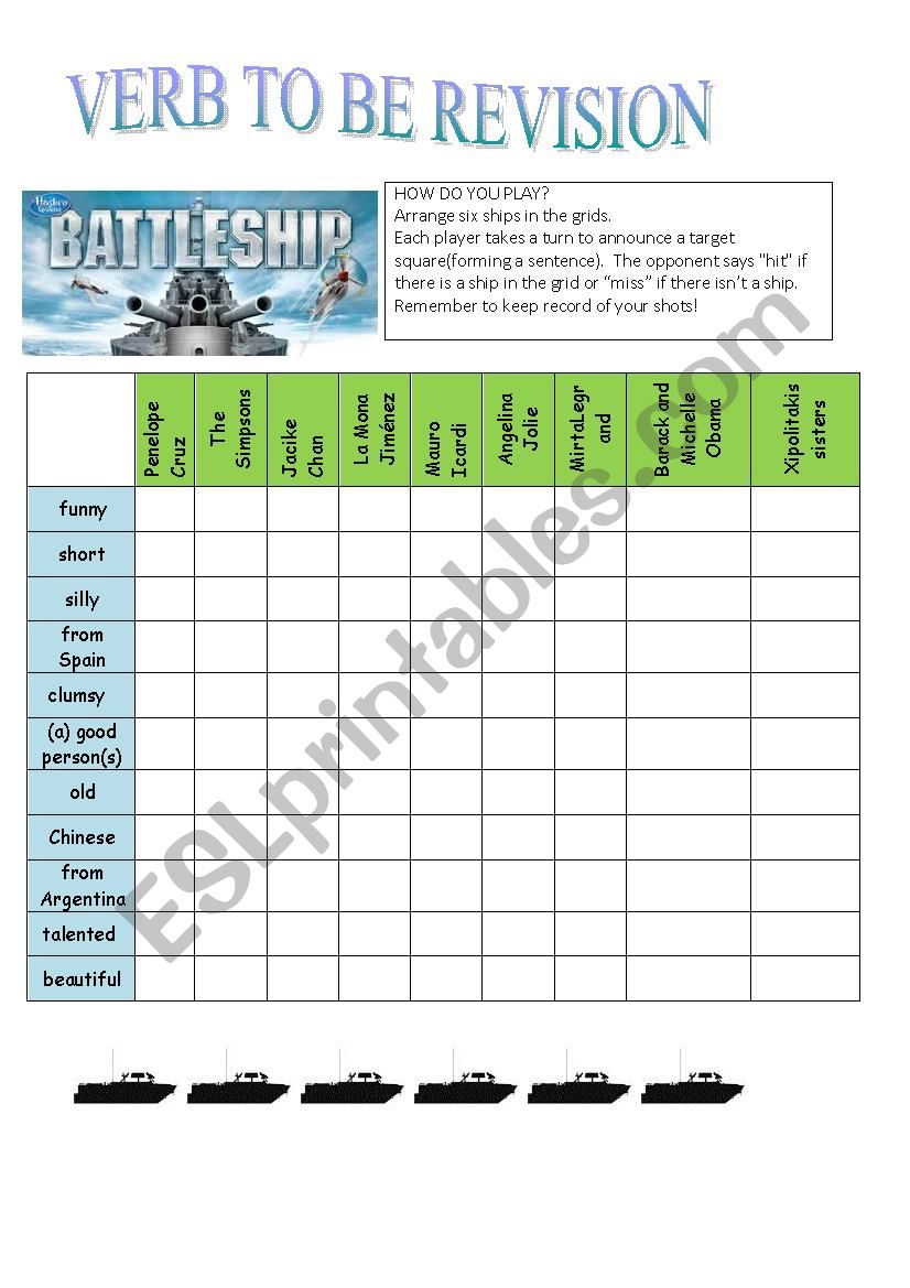 VERB TO BE REVISION - BATTLESHIP GAME