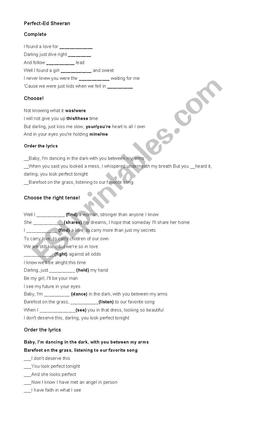 Perfect - Ed Sheeran worksheet