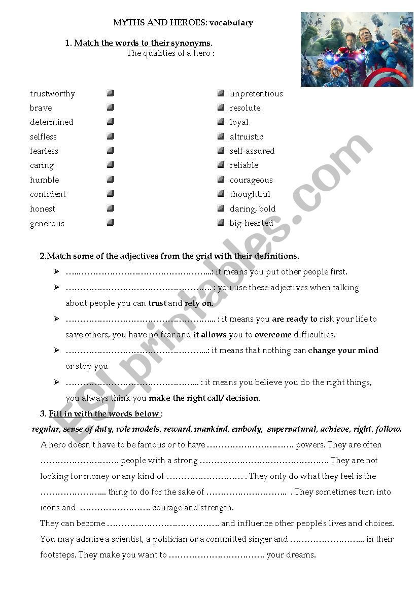 myths and heroes: vocabulary worksheet