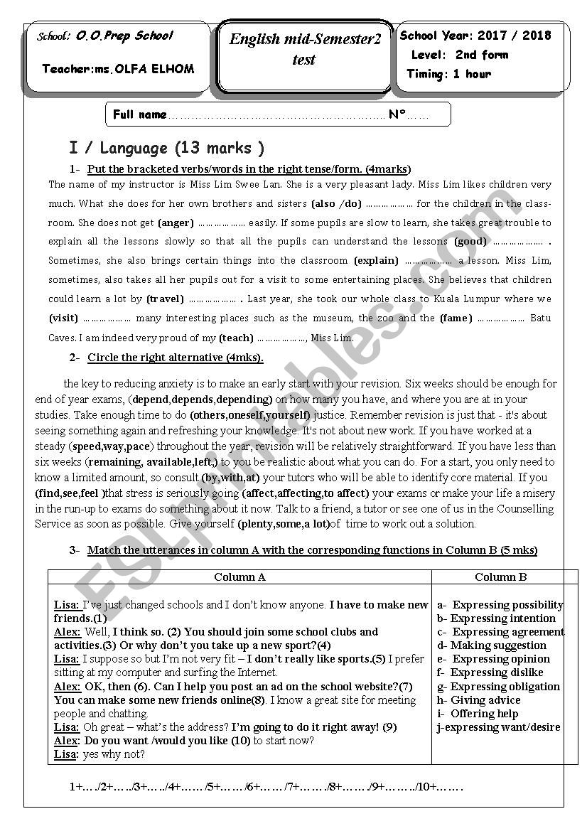 mid-semester 2 test--2nd forms