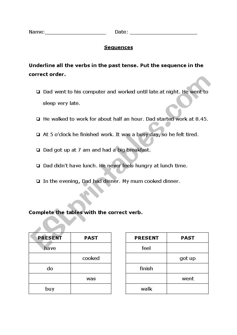 Sequencing and simple past worksheet