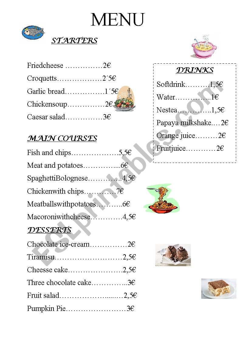 MENU worksheet