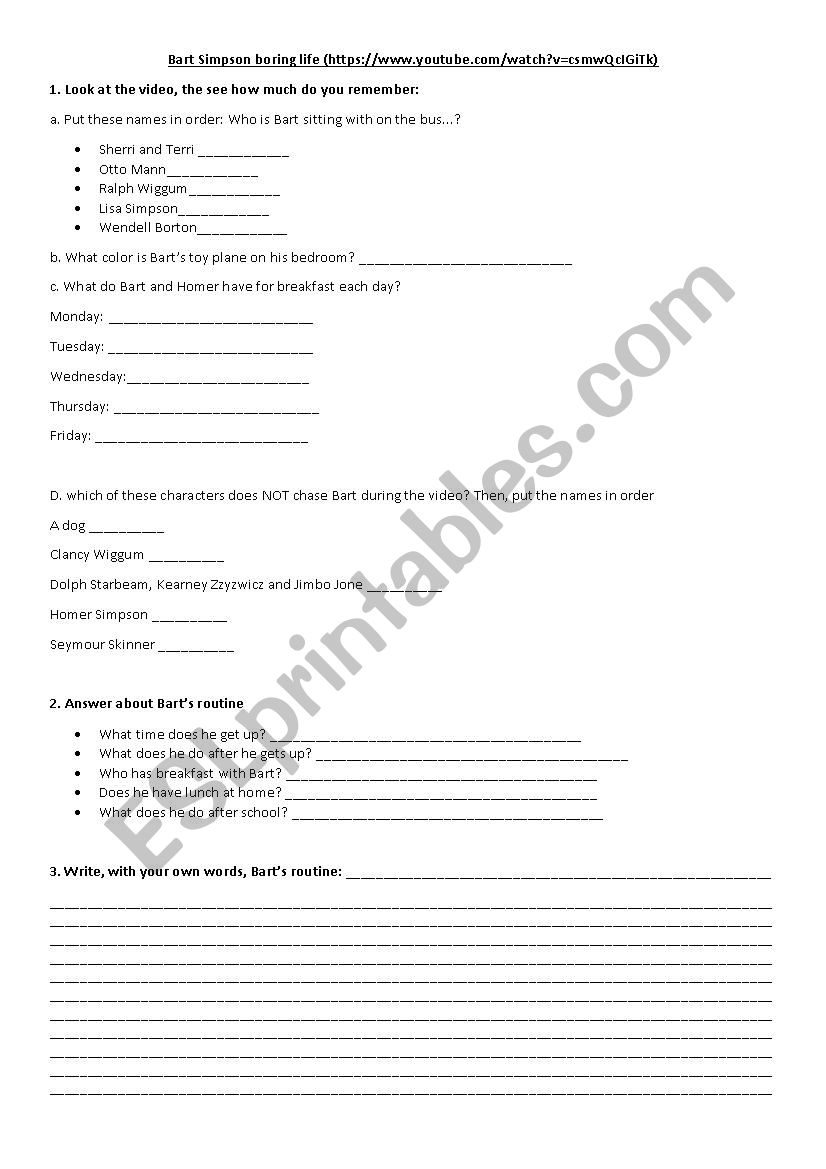 BARTS BORING LIFE worksheet