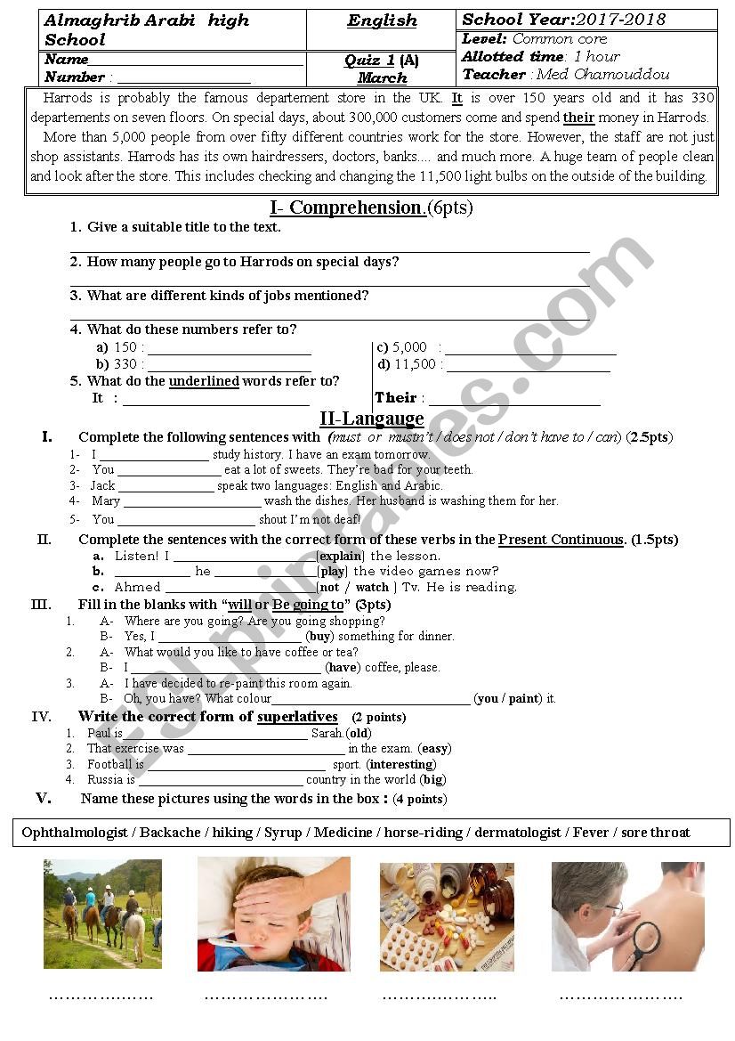 Quiz for Common core students worksheet