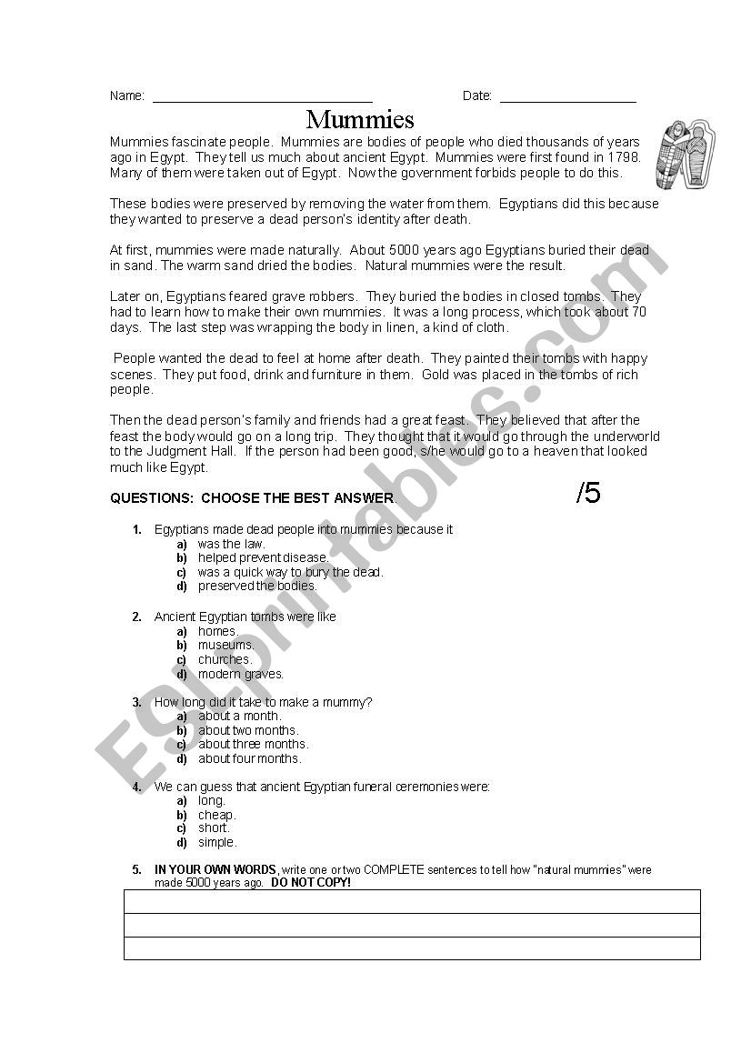 Mummies worksheet