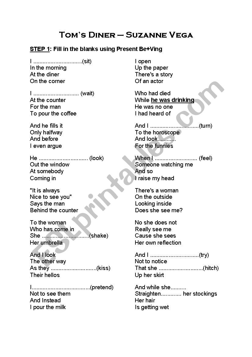 Toms Diner - Suzanne Vega worksheet