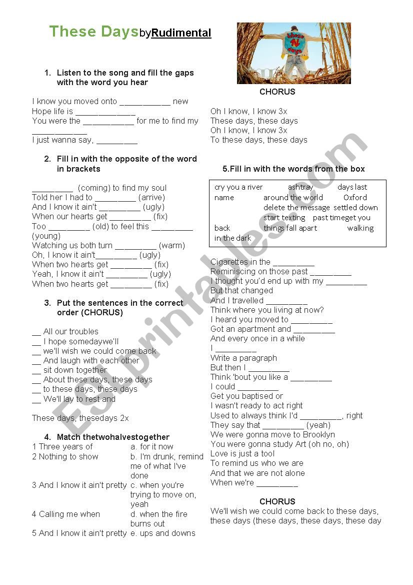 Song These Days by Rudimental worksheet