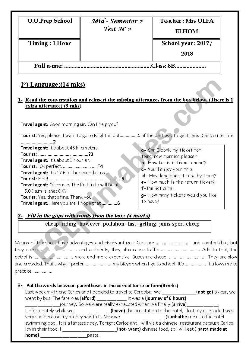 MID SEMESTER 2 TEST N 2 -8TH FORM