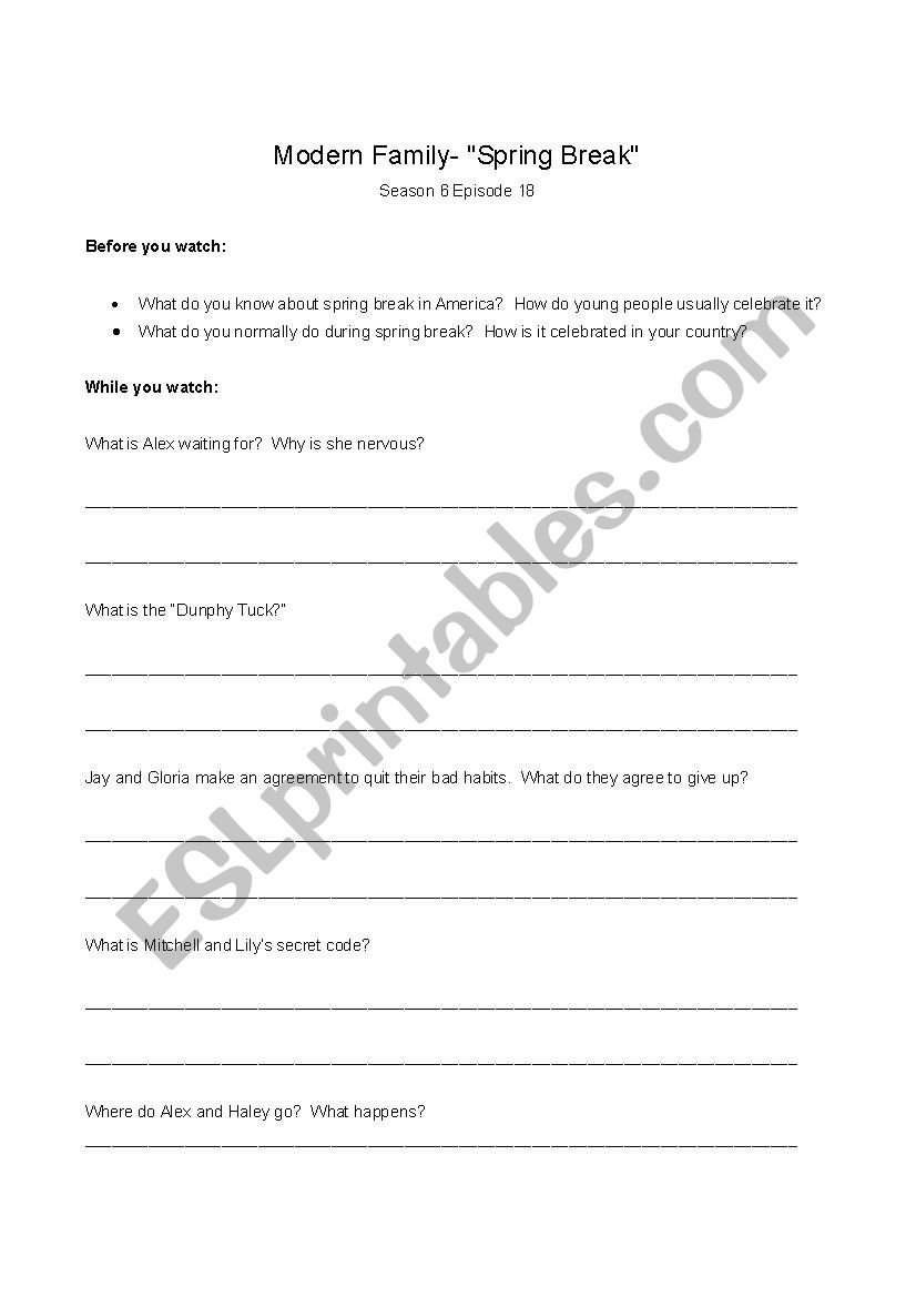 Modern Family spring break worksheet