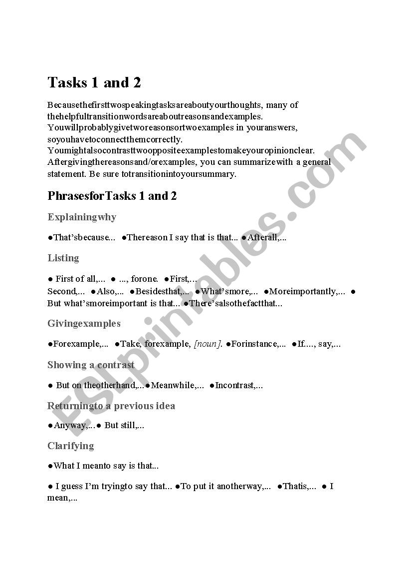TOEFL Speaking Tasks 1 and 2 worksheet