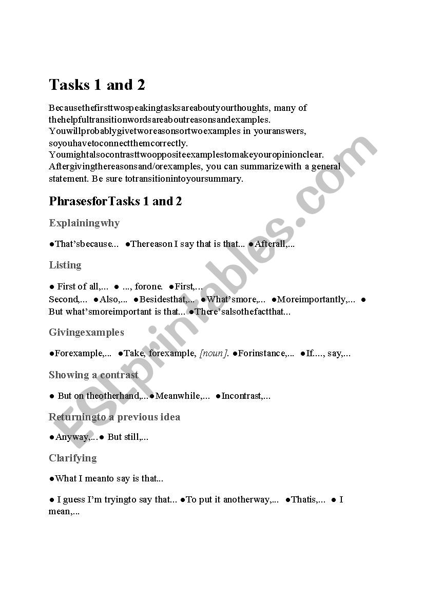 TOEFL Speaking Tasks 1 and 2 worksheet