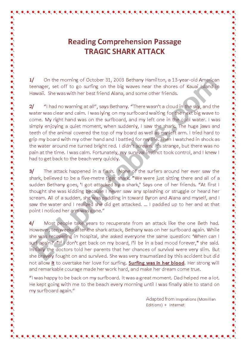 Reading Comprehension: Tragic Shark Attack