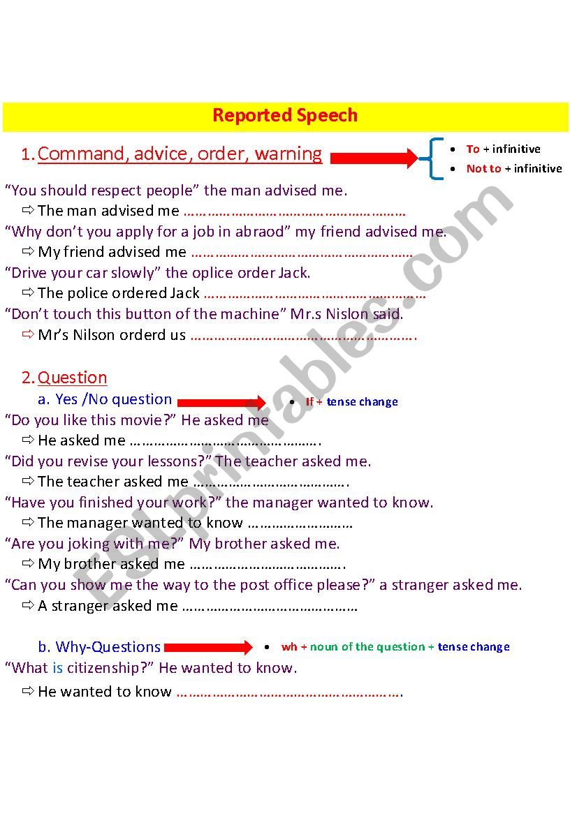 Reported Speech Exercises worksheet