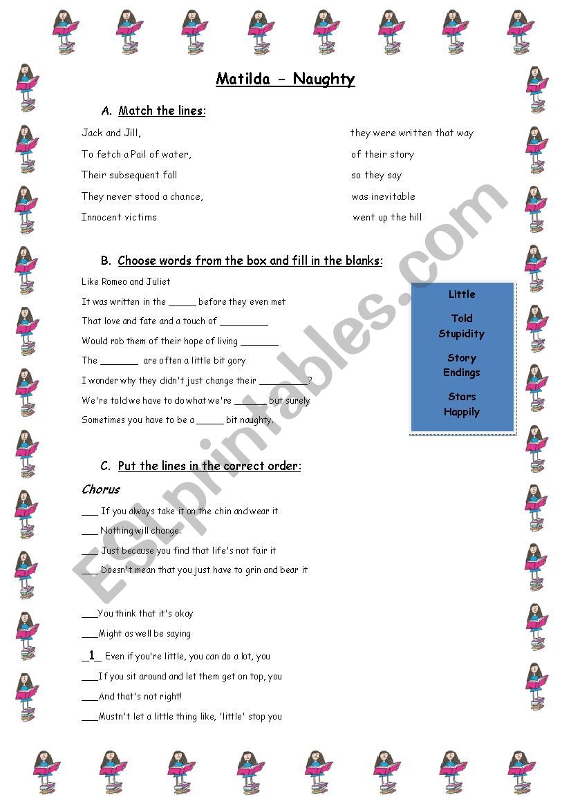 Naughty- Matilda musical worksheet