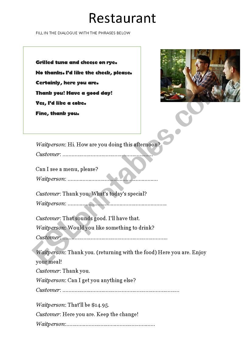 restaurants and dialogues worksheet