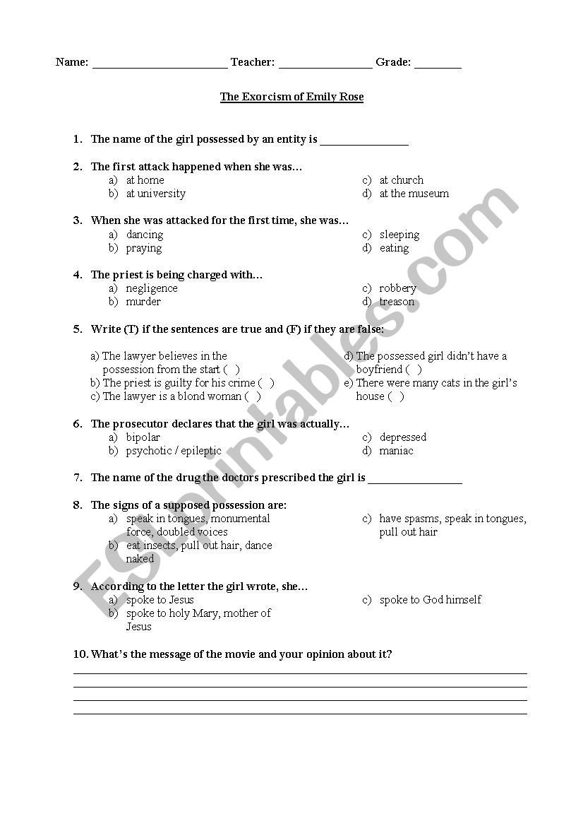 The exorcism of Emily Rose worksheet