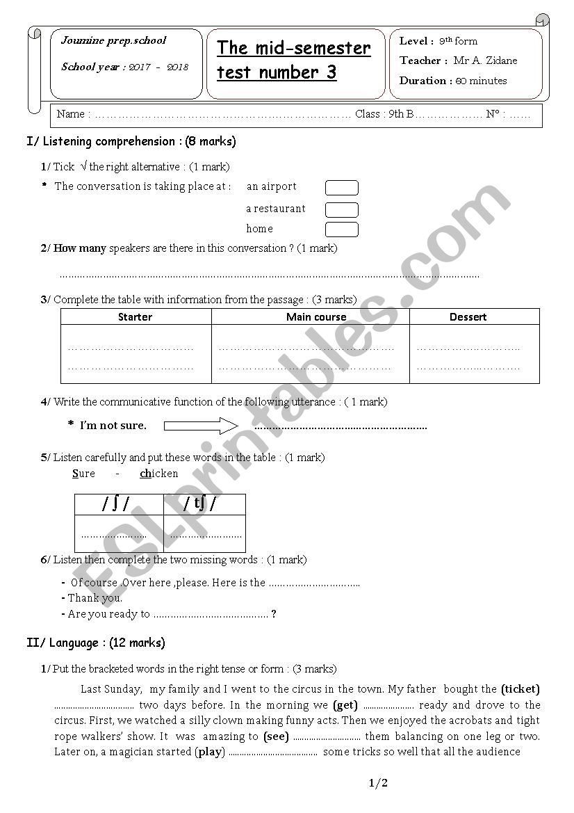 The 9th form mid-semester test 3 (second semester)