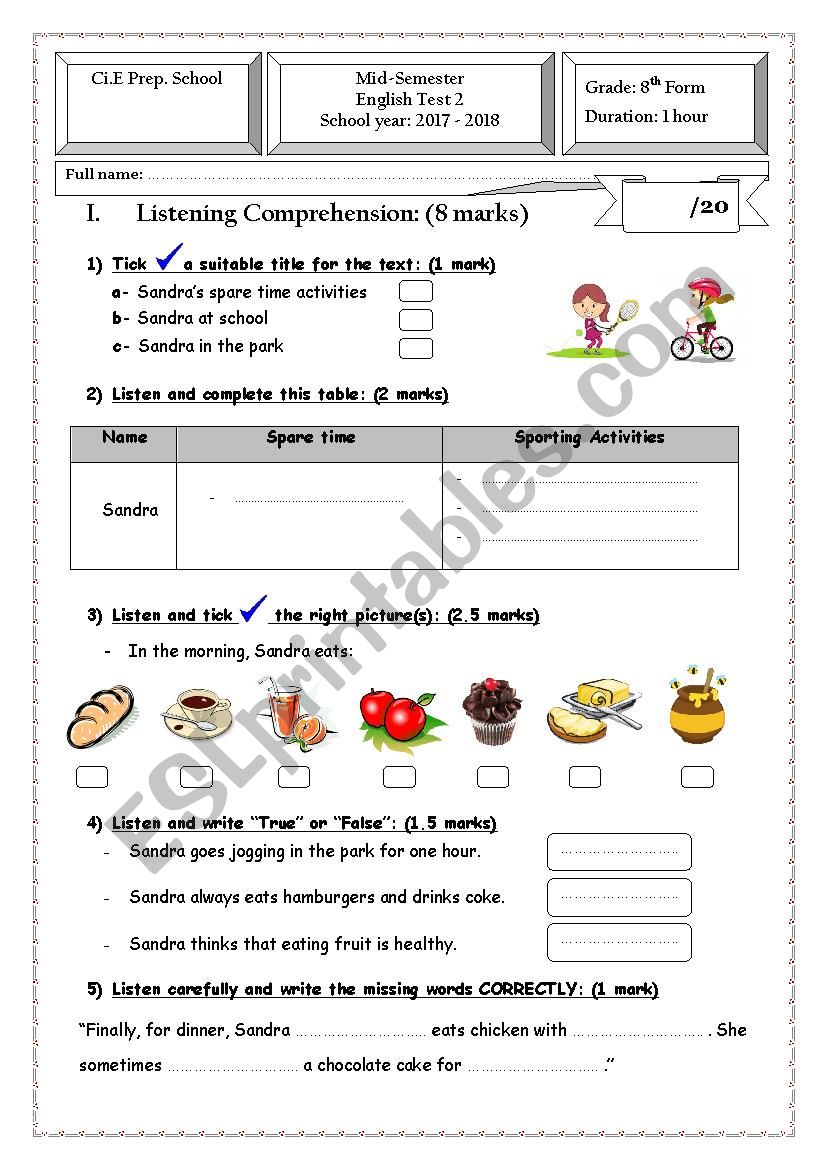 8th Form Mid-Semester Test 1 - Sporting Activities,Birthday, Table Manners