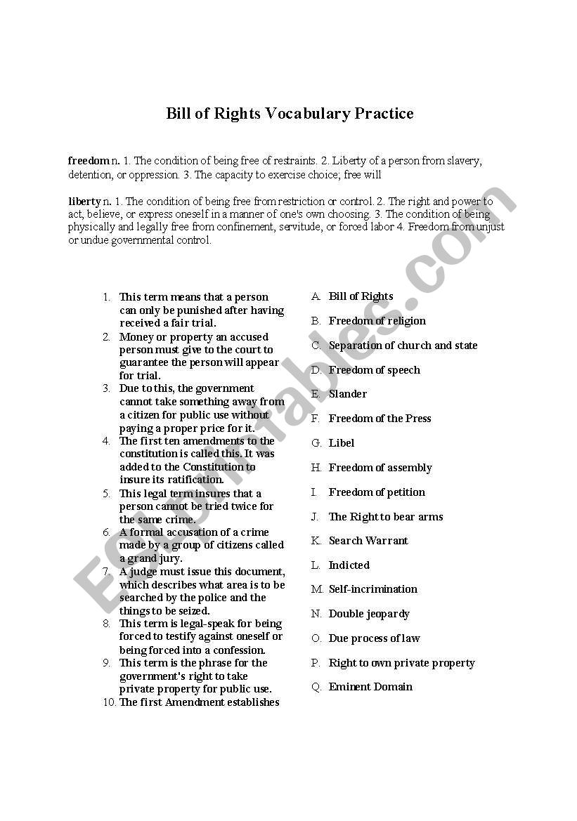 Bill of Rights Vocubulary worksheet