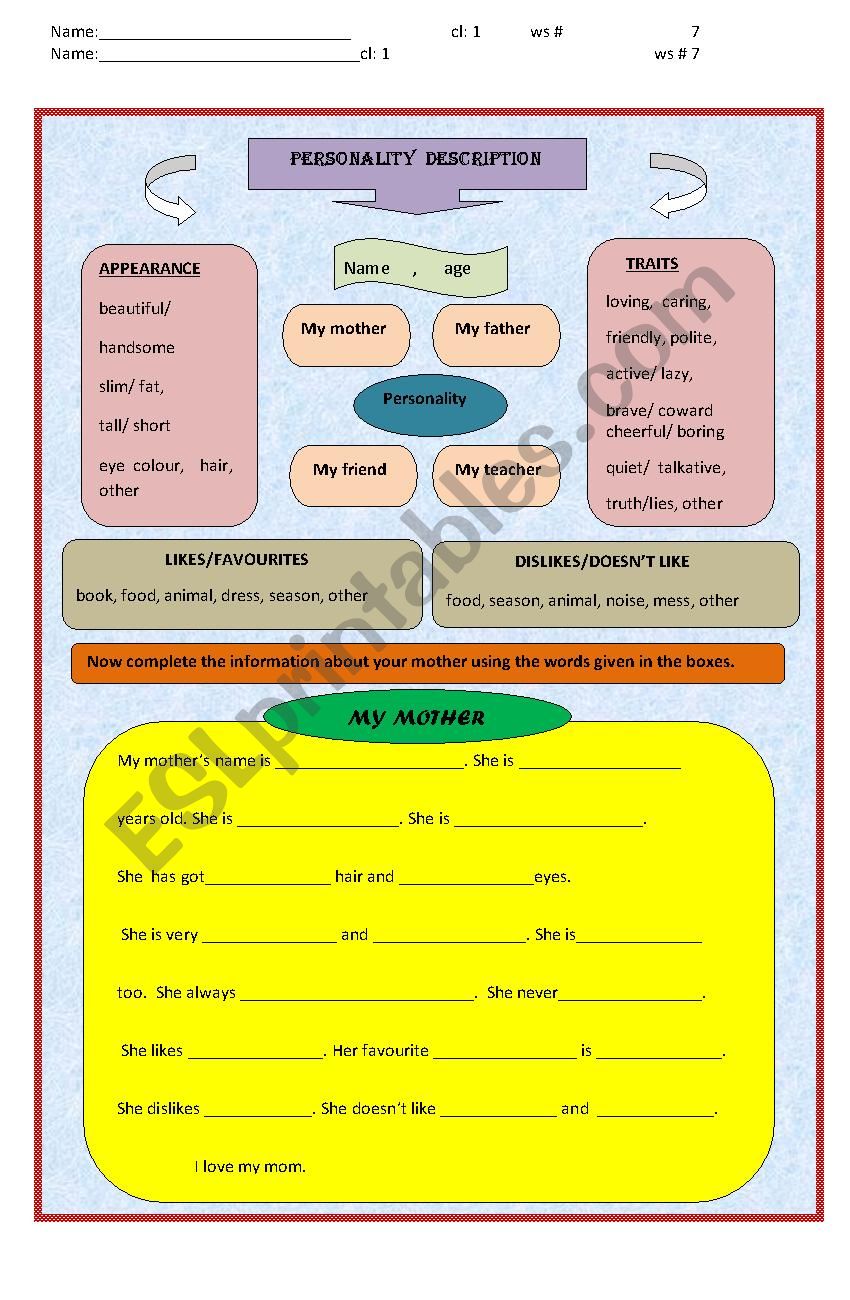 personality description worksheet