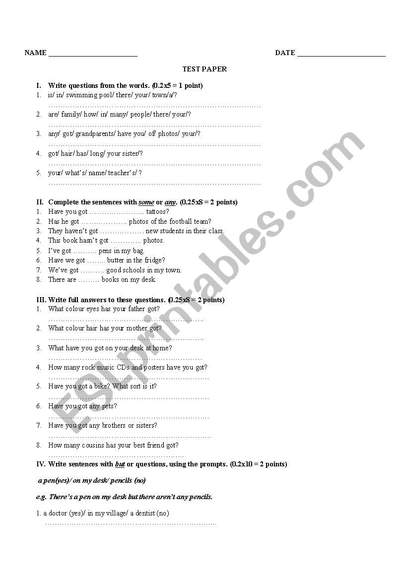 Test Paper worksheet