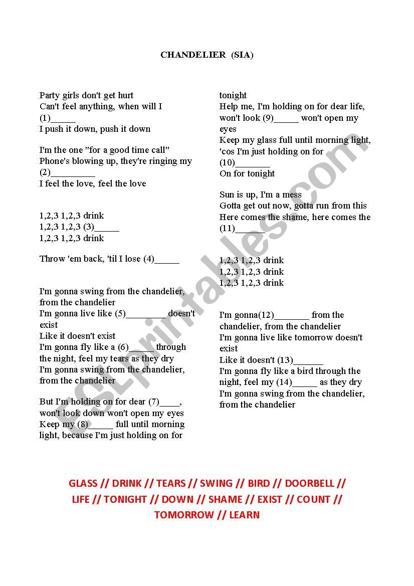 CHANDELIER (SIA) worksheet