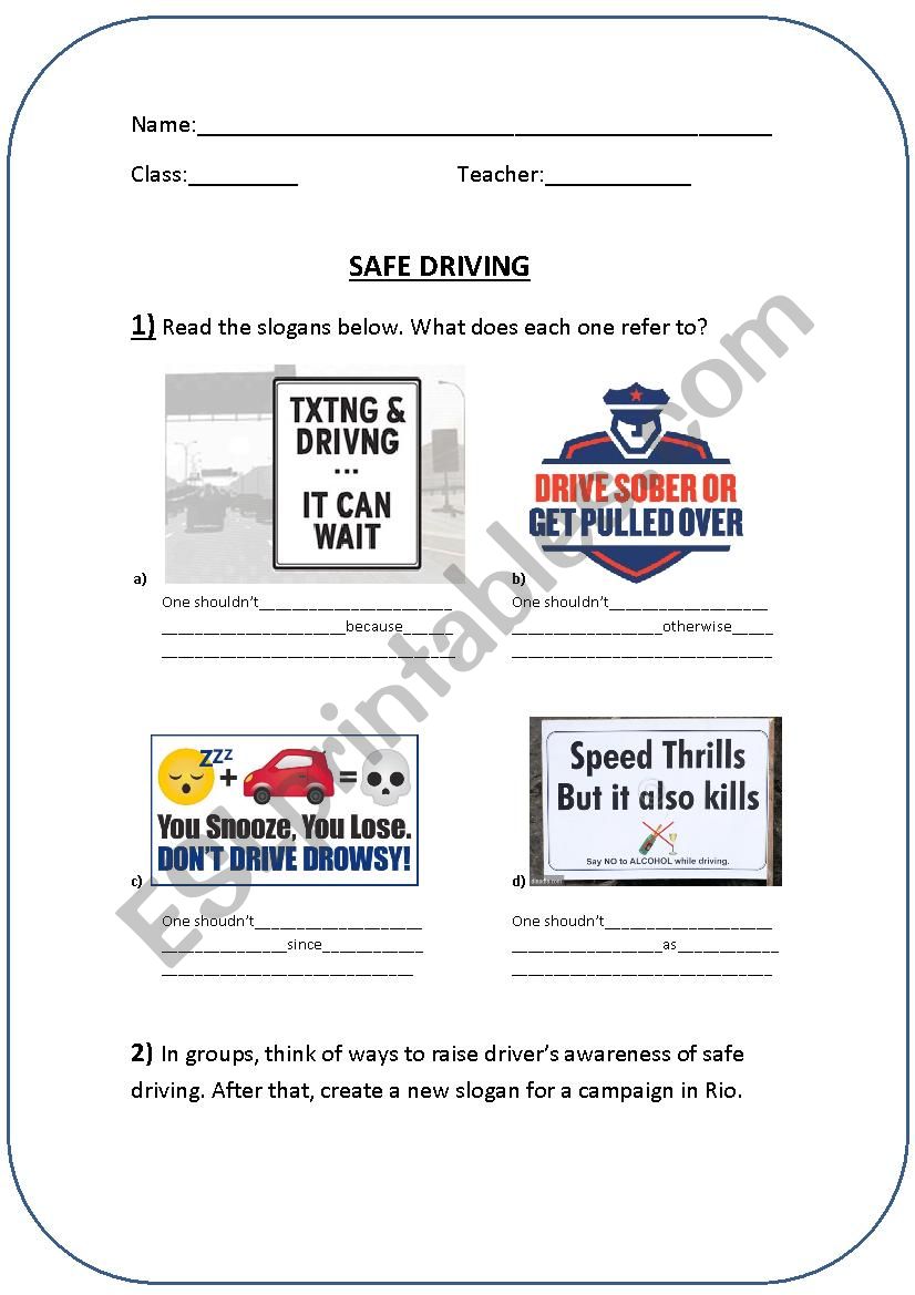 SAFE DRIVING SLOGANS worksheet