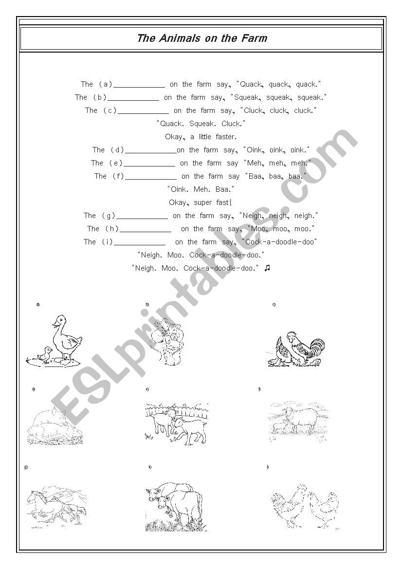 SONG THE ANIMALS ON THE FARM worksheet