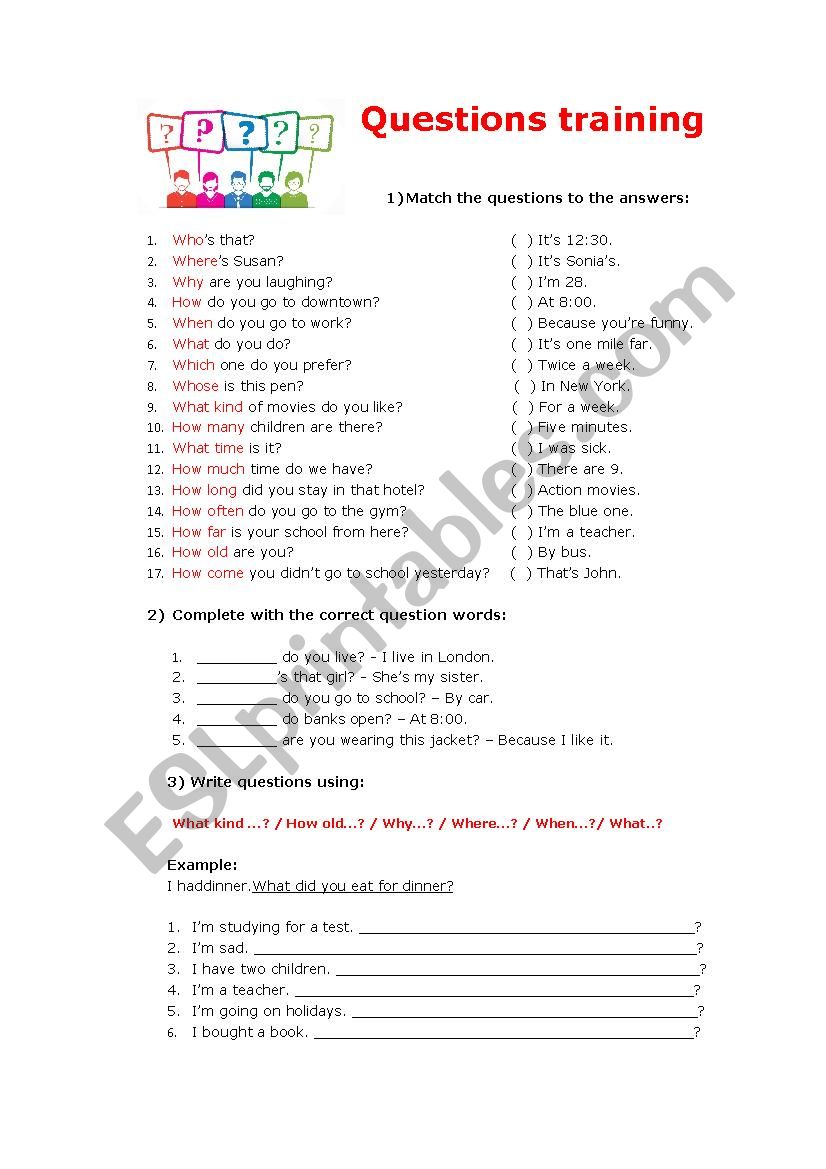 Question words training worksheet