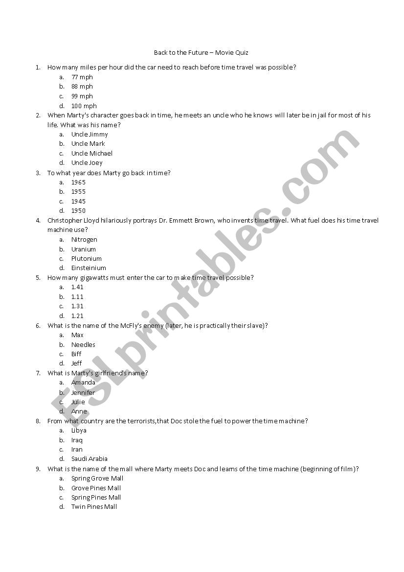 Back to the Future Movie Quiz worksheet