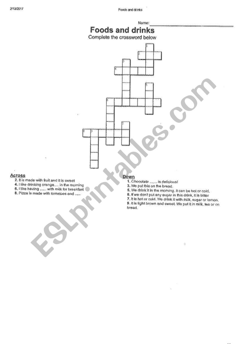 Food and drinks crossword (breakfast)