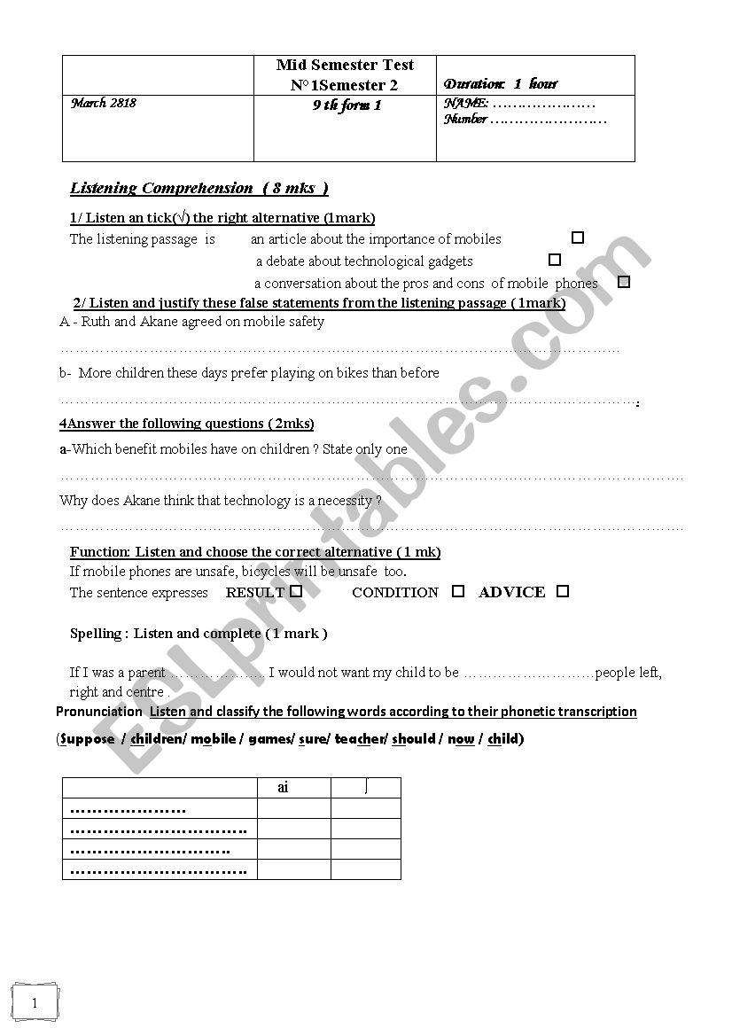 test for 9 th formers worksheet