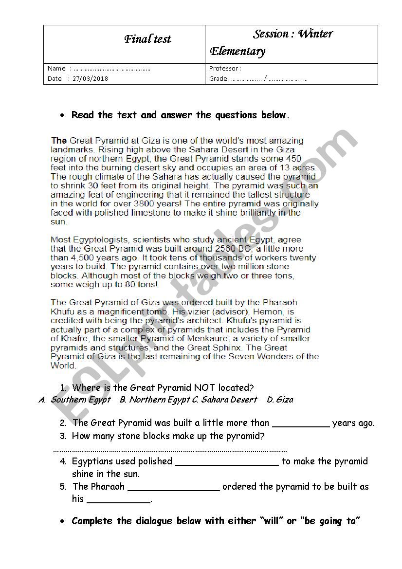 elementary test worksheet