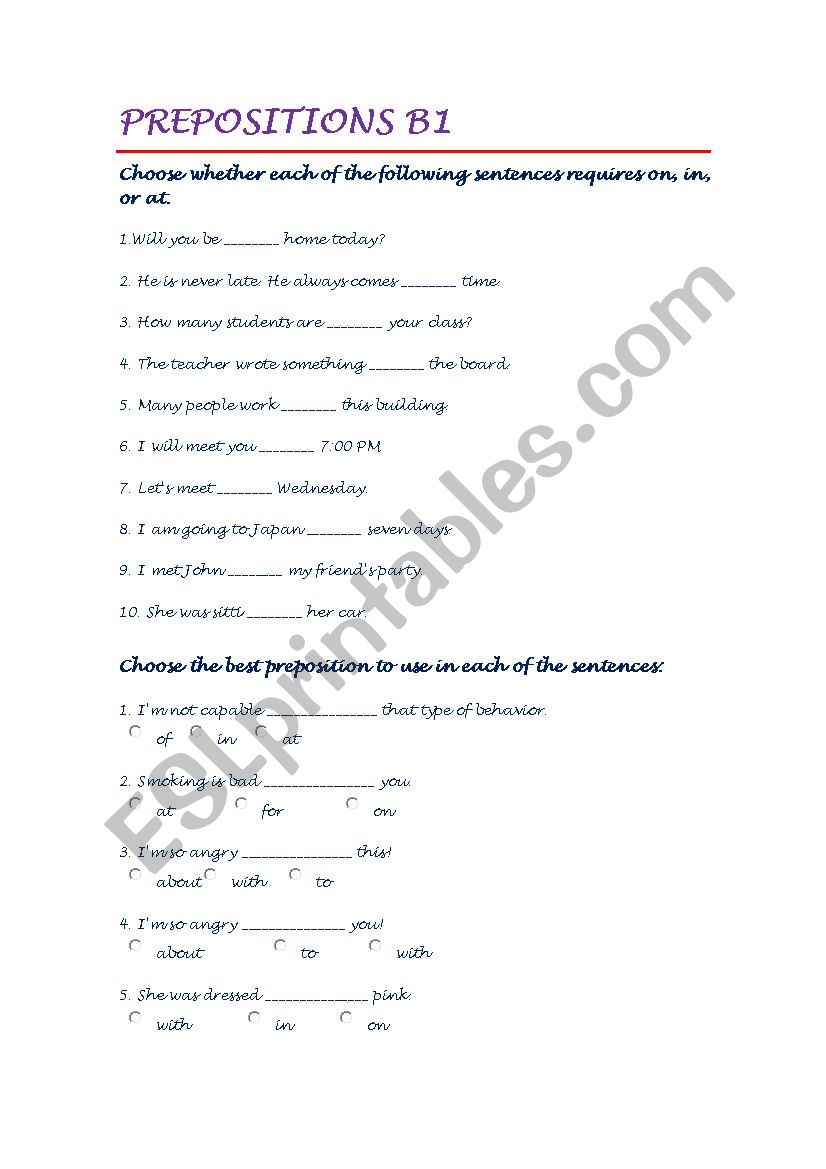 PREPOSITIONS worksheet