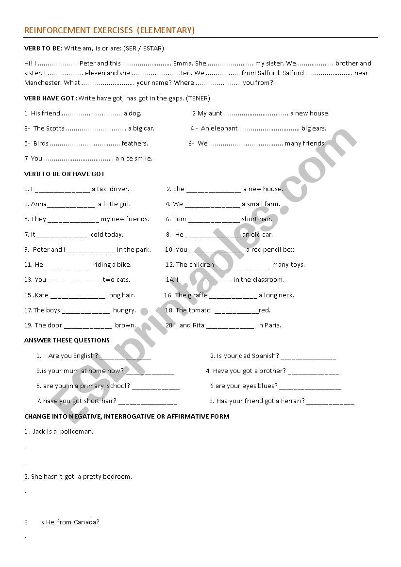 ELEMENTARY GRAMMAR EXERCISES worksheet