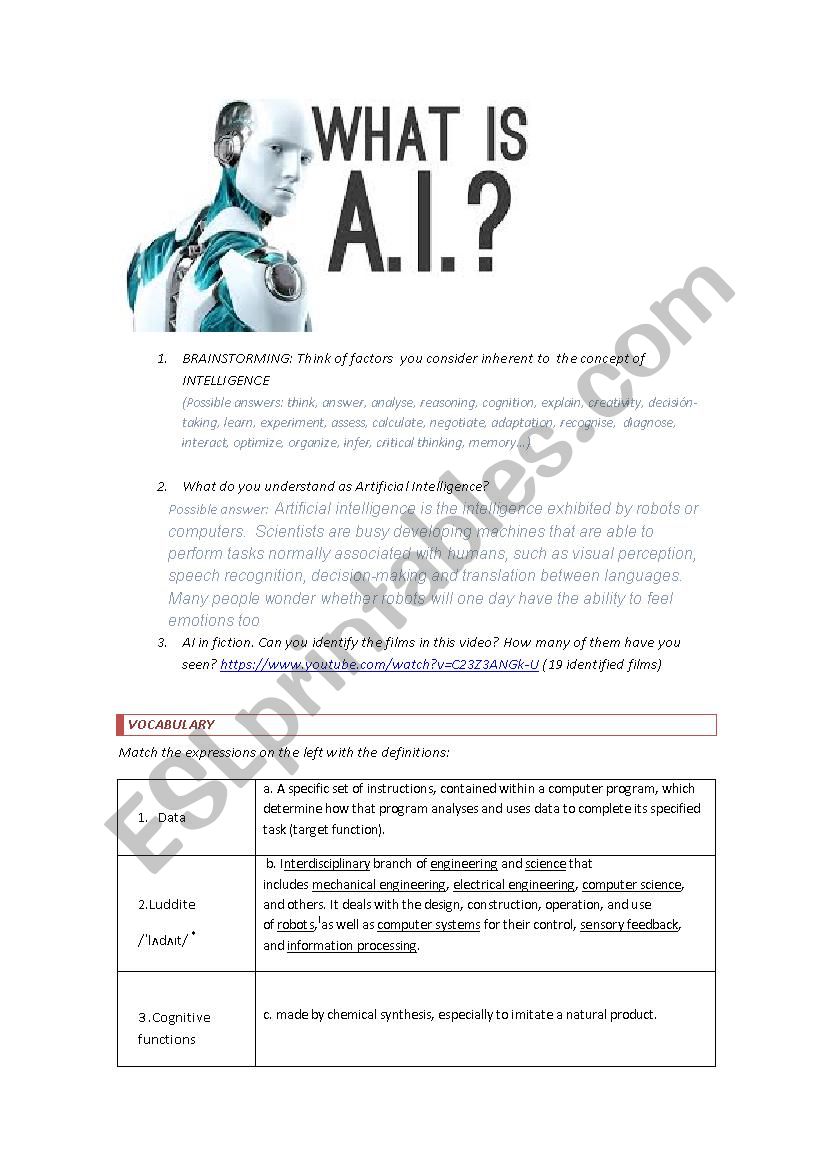 Artificial Intelligence  worksheet